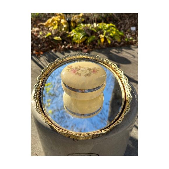 Vintage Alabaster Round Trinket Box Hinged Lid Floral Print - Picture 2 of 10